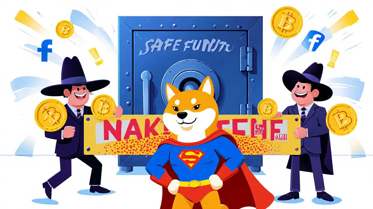Heroic Shiba Inu in cape guards a vault while shady scammers with fake wShiba tokens are blocked.