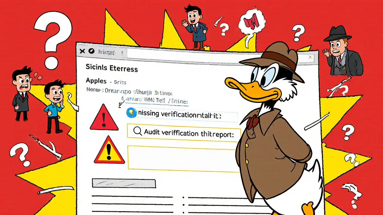 Looney Tunes detective duck examines an Etherscan page showing missing verification and red flags.
