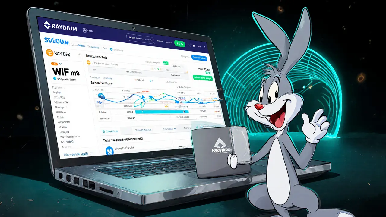 Looney Tunes‑style character trading WIF on a Phantom wallet with speedy Solana effects.