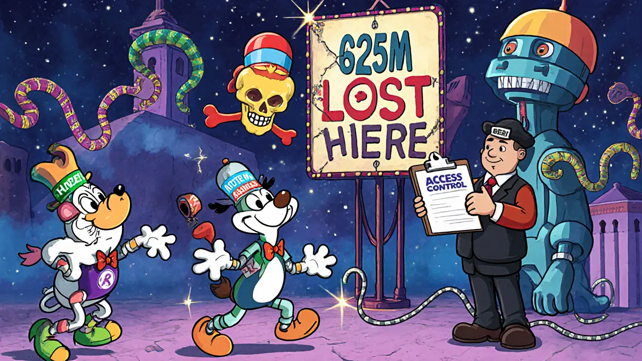 NFTs dancing in a marketplace while API cables tangle and a hacker sneaks in