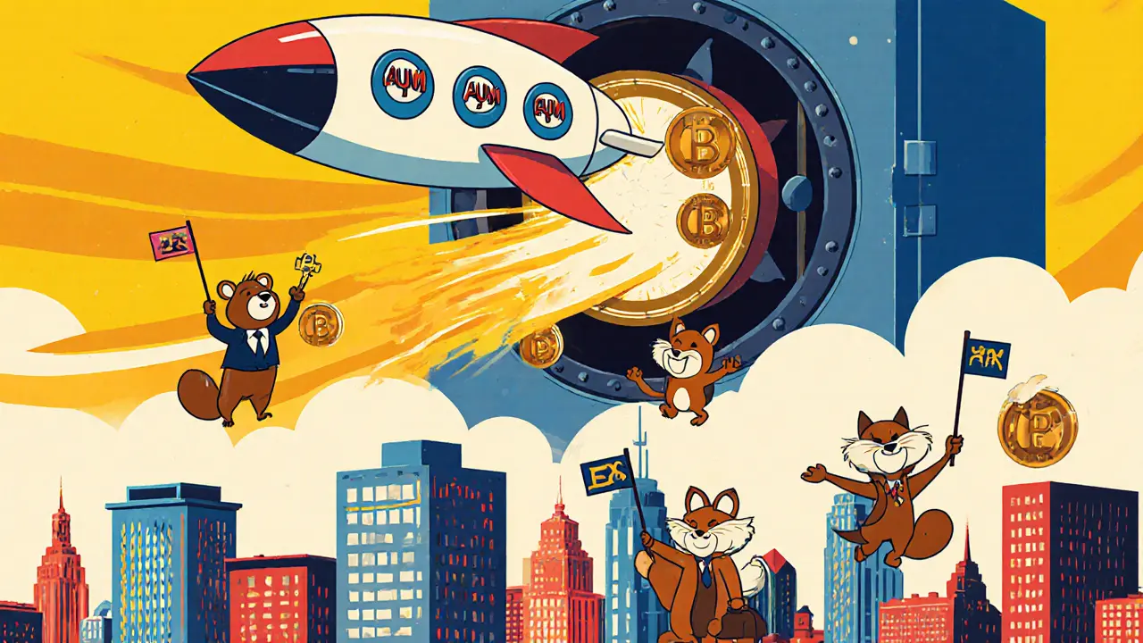 Rocket launching from a vault with security guard animals and cheering investor squirrels.
