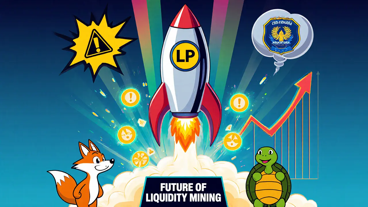 Rocket shaped like an LP token launches, with characters watching and token trails.