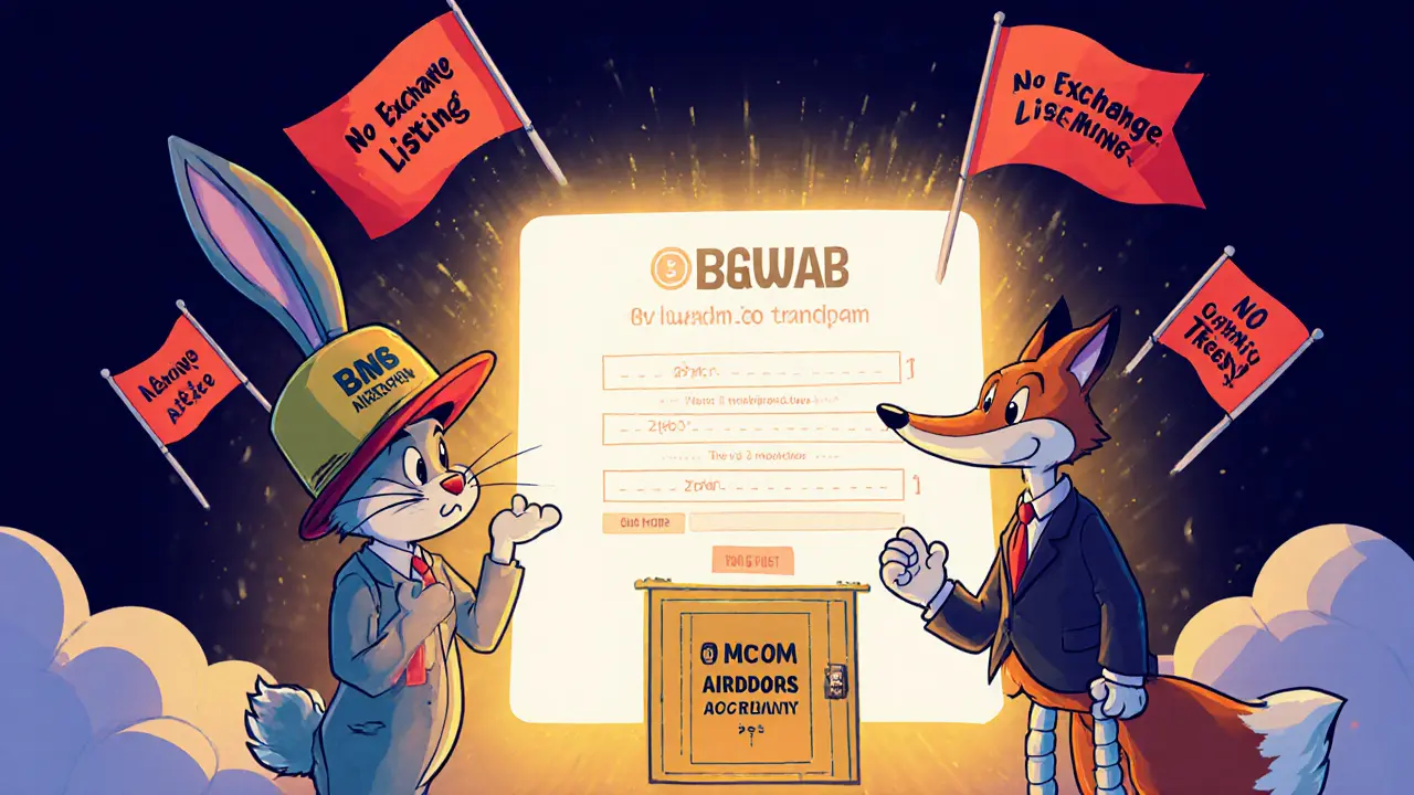 A confused rabbit being tricked by a fox into signing a fake MMS airdrop form with a trapdoor below.