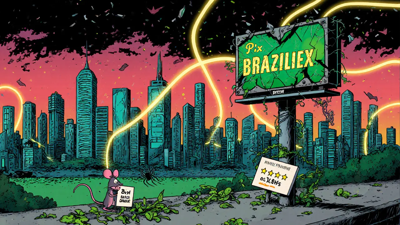 A futuristic Brazilian city with Pix payments glowing, while a forgotten Braziliex billboard falls in ruins.