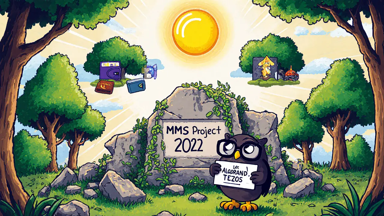 A ruined MMS monument with dead trees, while real eco-blockchains thrive under a bright sun.