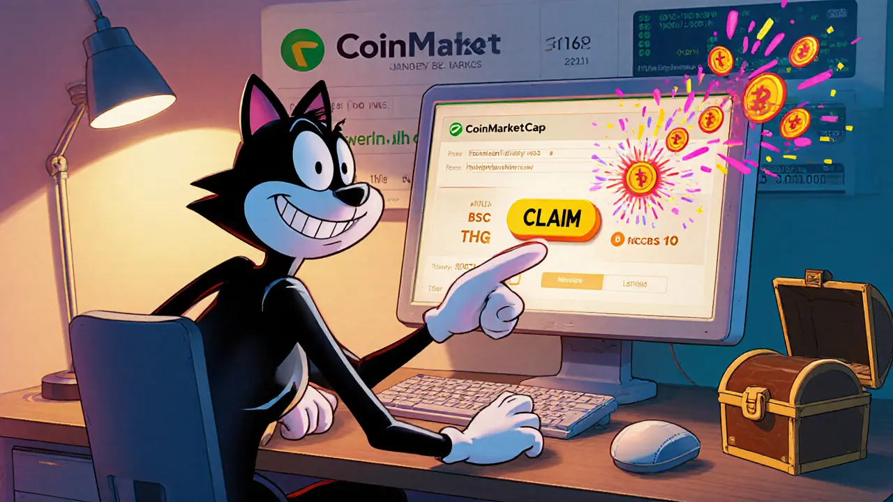 Animated character claims THG tokens through a whimsical wallet interface.