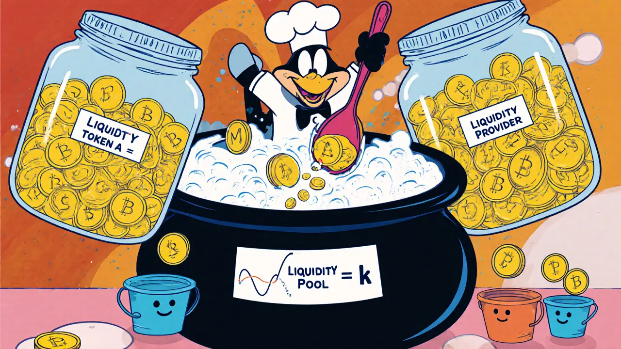 Animated kitchen showing tokens mixing in a liquidity pool.