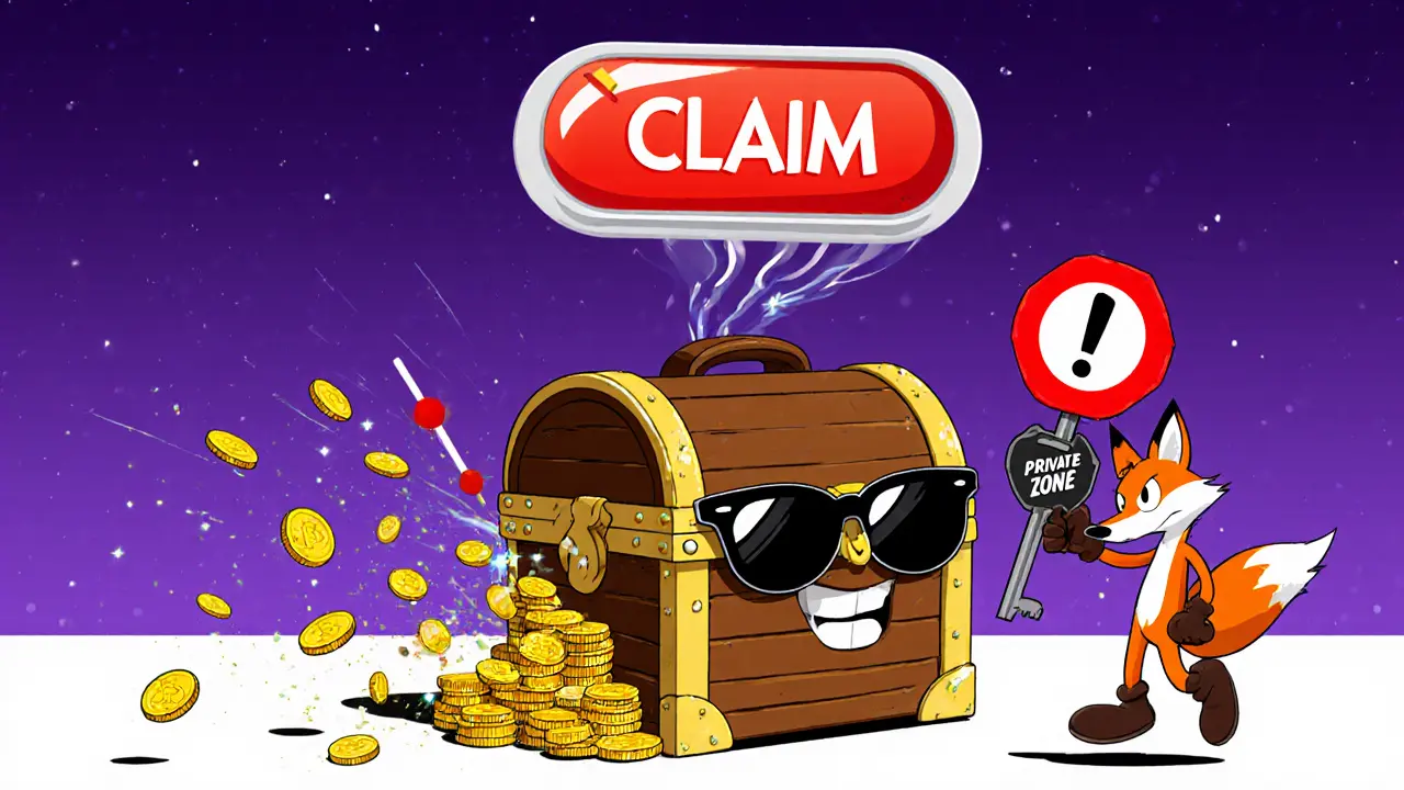 Animated wallet chest collecting BNB coins while a gas meter shows low fee, with a scam‑blocking fox.
