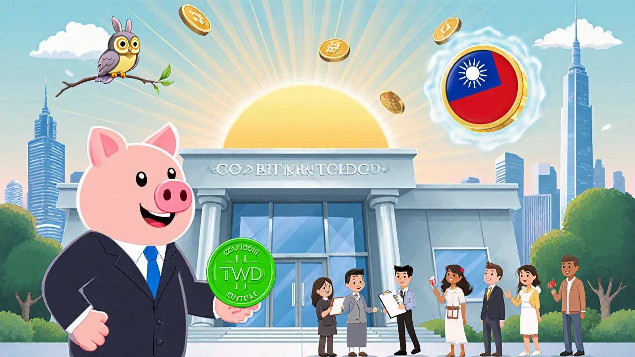 Bank mascot handing a TWD‑stablecoin to citizens under a holographic CBDC coin.