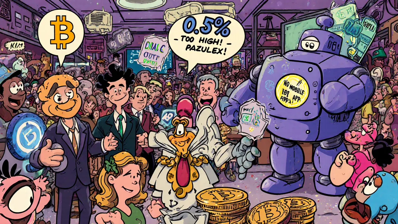 Binance, Mercado Bitcoin, and Bybit characters thriving while Braziliex gets kicked out by a regulator robot.