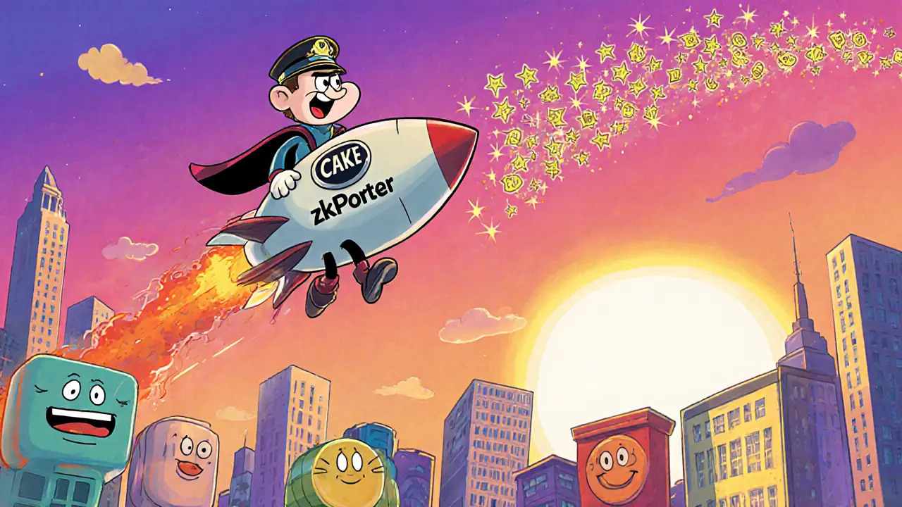CAKE mascot piloting a rocket toward a bright, high‑speed DeFi future.