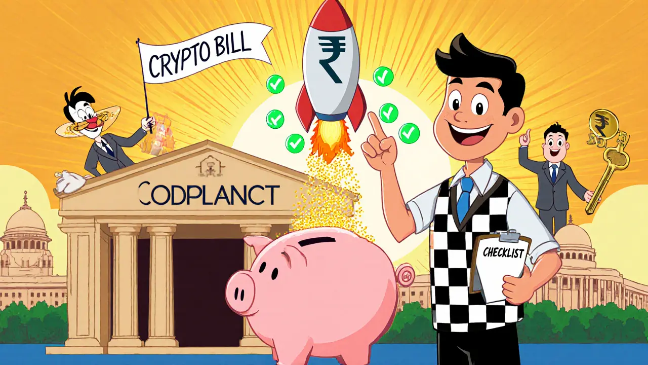 Cartoon bank with digital rupee rocket, happy trader holding checklist, and parliament building.