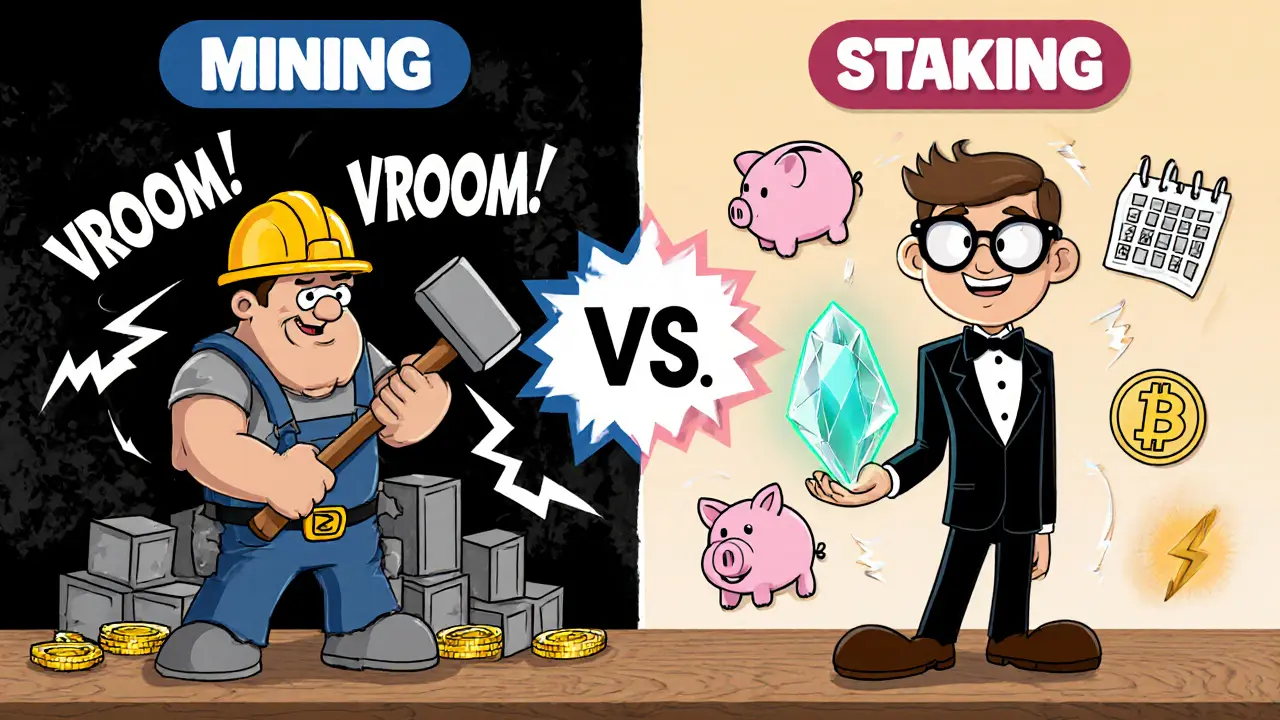 Cartoon comparison with a rugged miner on one side and a tidy validator on the other, surrounded by icons of energy and cost.