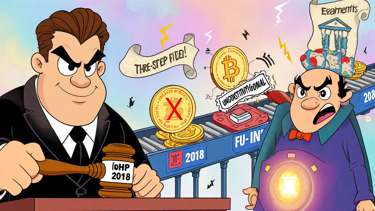 Cartoon courtroom and factory showing RBI, Supreme Court, and three‑step filter processing crypto coins.