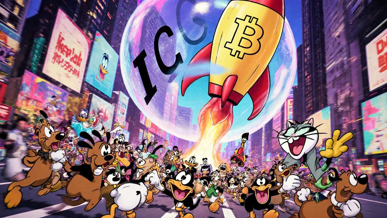 Cartoon crowd pushing a giant ICO bubble as a Bitcoin rocket rises in 2017.