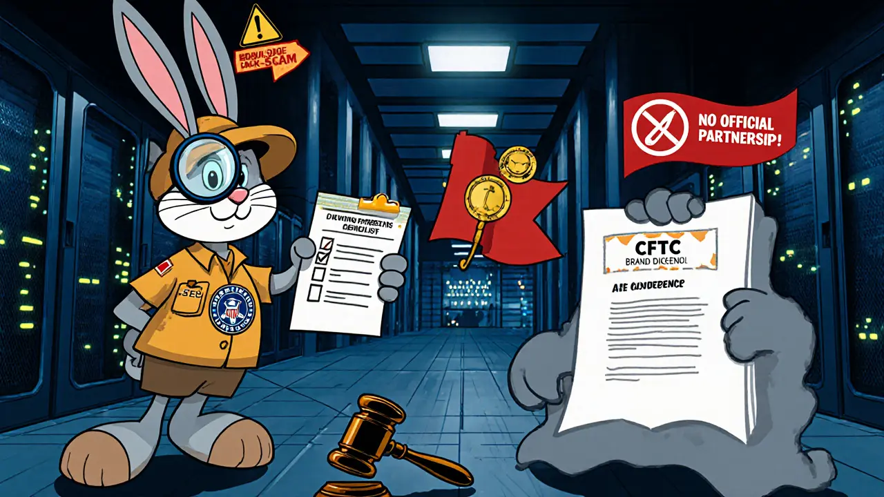 Cartoon detective with checklist, SEC badge, and warning signs beside a legitimate AI data center.