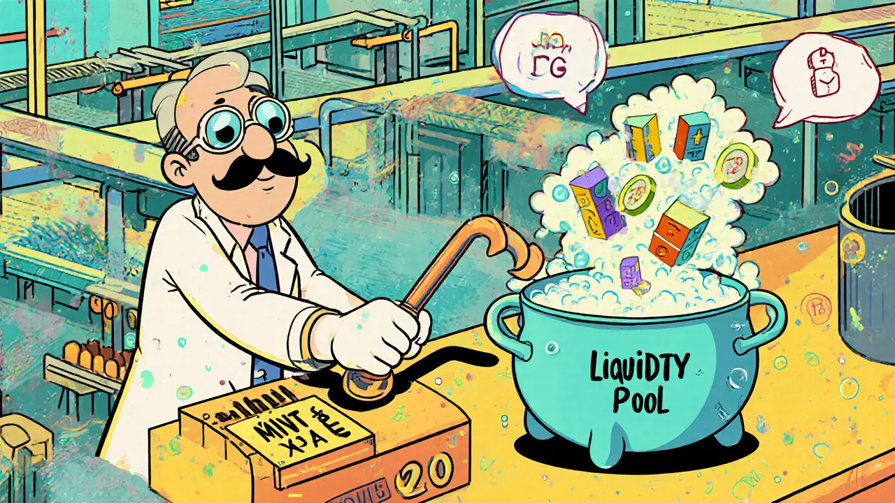 Cartoon factory with a scientist lever, conveyor belts of OIP20 tokens, and a bubbling liquidity pool.