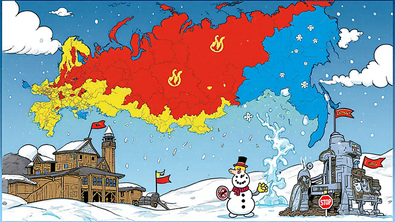 Cartoon map of Russia showing red full‑ban regions and blue seasonal‑ban Siberia with snow.