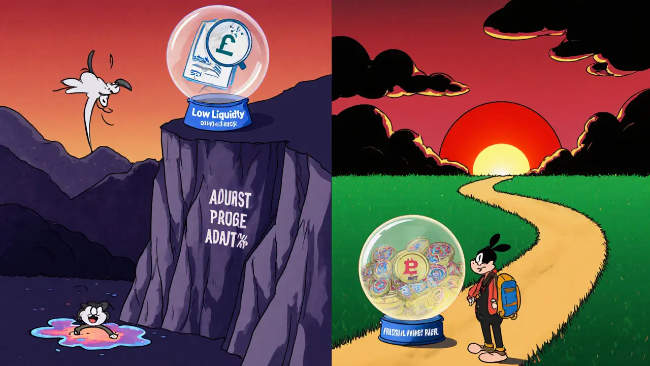 Cartoon mountain showing low liquidity puddle, empty audit magnifying glass, crystal ball, and cautious investor.