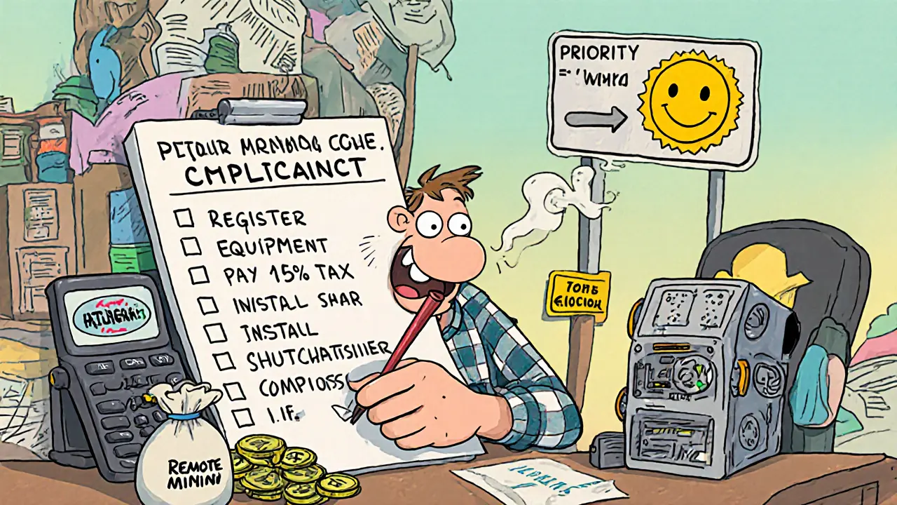 Cartoon office with checklist, calculator, rubles, and robot controller for mining compliance.