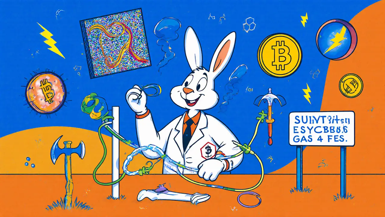 Cartoon rabbit scientist adjusts AI AMM curves surrounded by synthetic NFT and crypto assets.