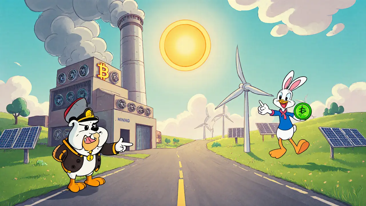 Cartoon road dividing into a smoky mining factory on one side and a green meadow with renewable energy on the other.