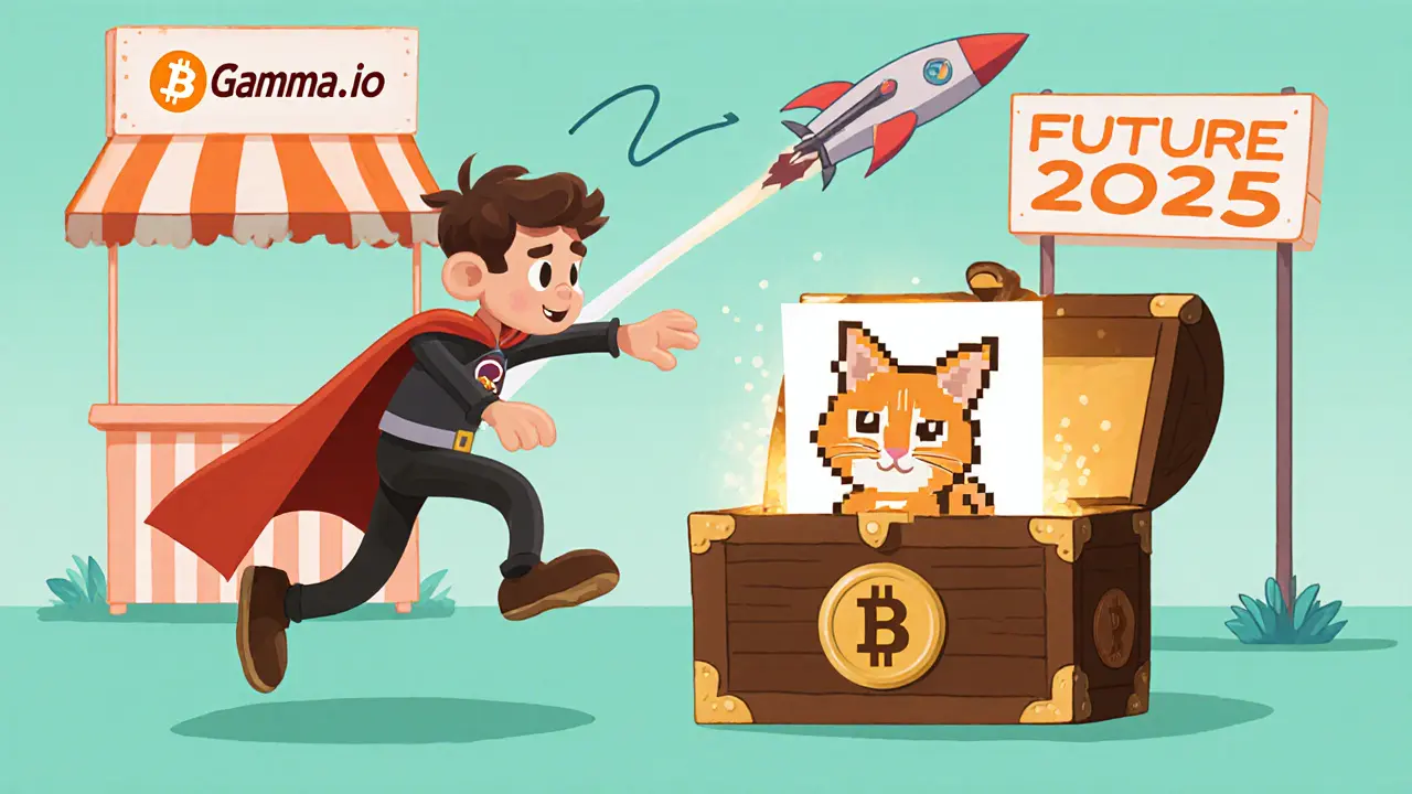 Cartoon satoshi with an inscription entering an OKX wallet, with a marketplace stall and rocket in background.