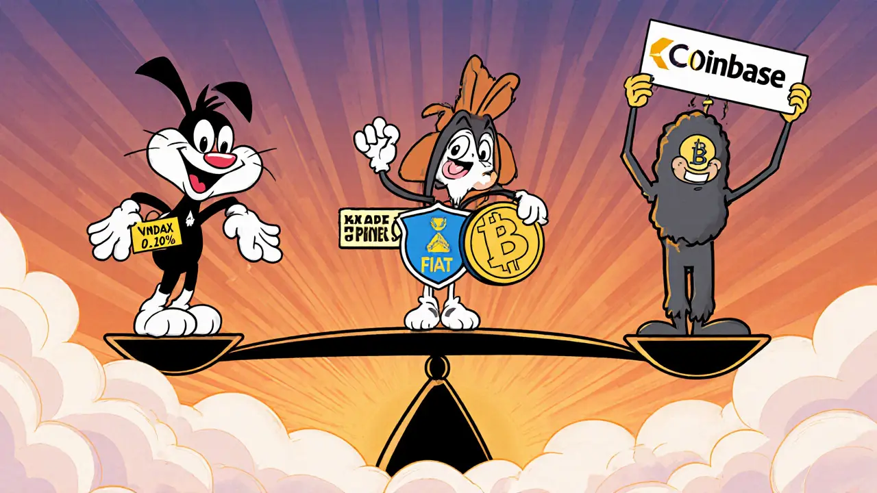 Cartoon scale comparing VinDax, Binance, and Coinbase with fee and security symbols.