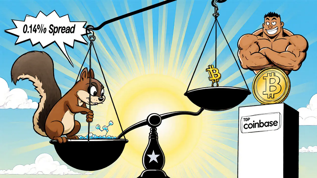 Cartoon scale shows large spread weight outweighing a tiny liquidity pool, with Kraken and Coinbase characters nearby.