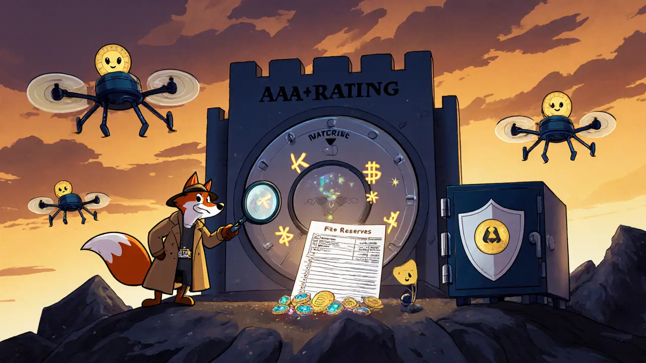 Cartoon security vault guarded by a detective showing zk‑STARK symbols and shield drones.