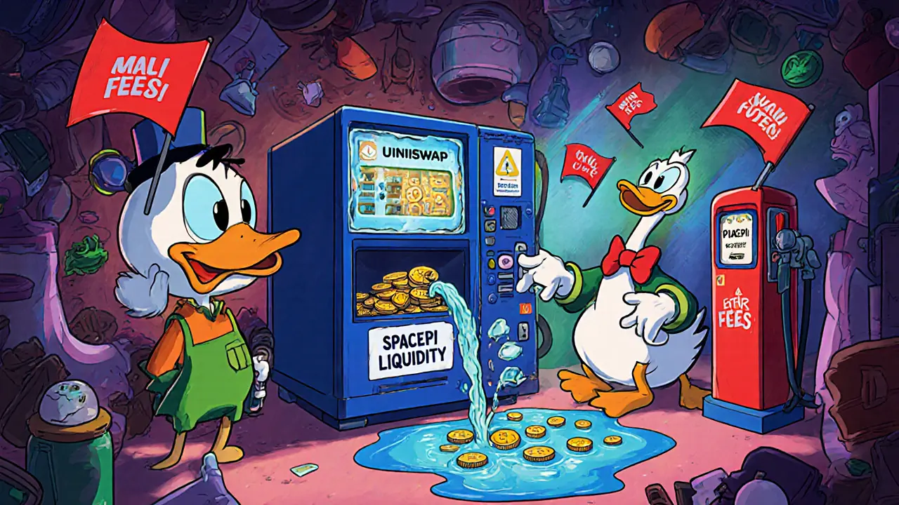 Cartoon trader at quirky Uniswap machine swapping ETH for a tiny stream of SpacePi coins in a low‑liquidity puddle.