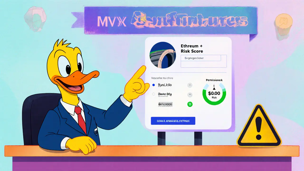 Cartoon trader guides a user through wallet connection, bridge, and risk score on SynFutures.