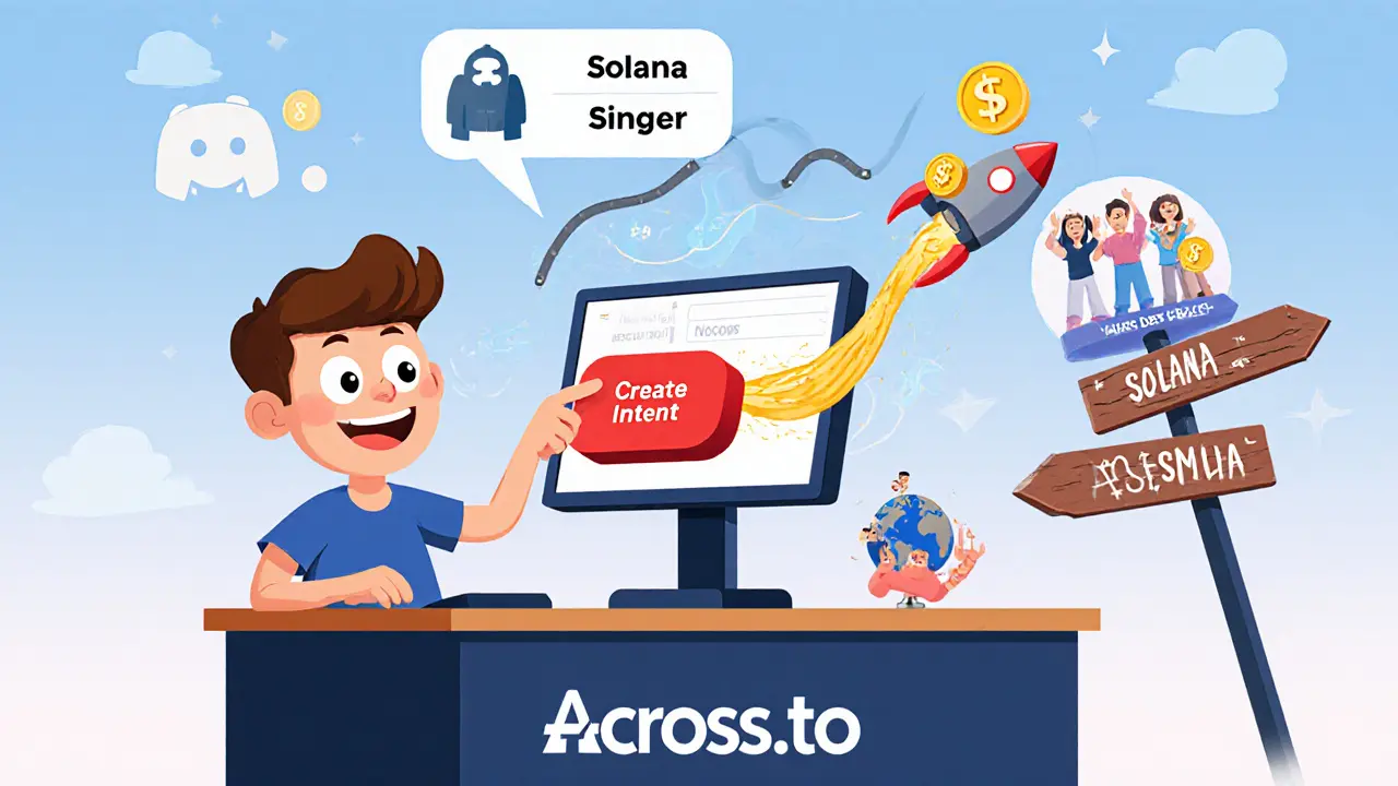 Cartoon user clicks a button to bridge assets, coins travel via relayer, roadmap signs point ahead.