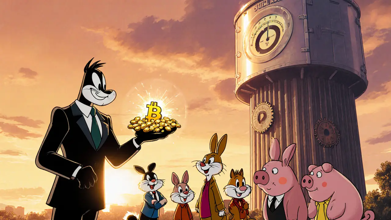 Cartoon vault handing Bitcoin gems to investors under an ETF tower in 2024-2025.