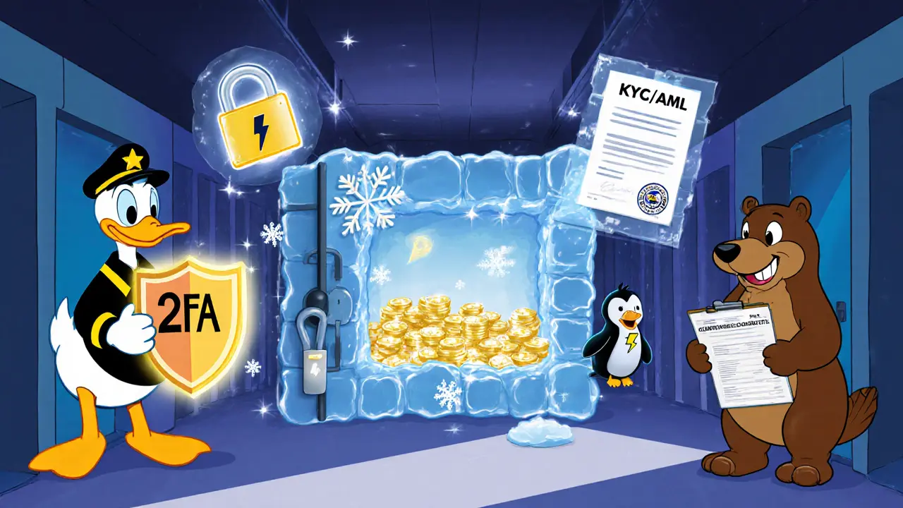Cartoon vault scene shows characters representing 2FA, cold storage, SSL, and KYC safeguards.