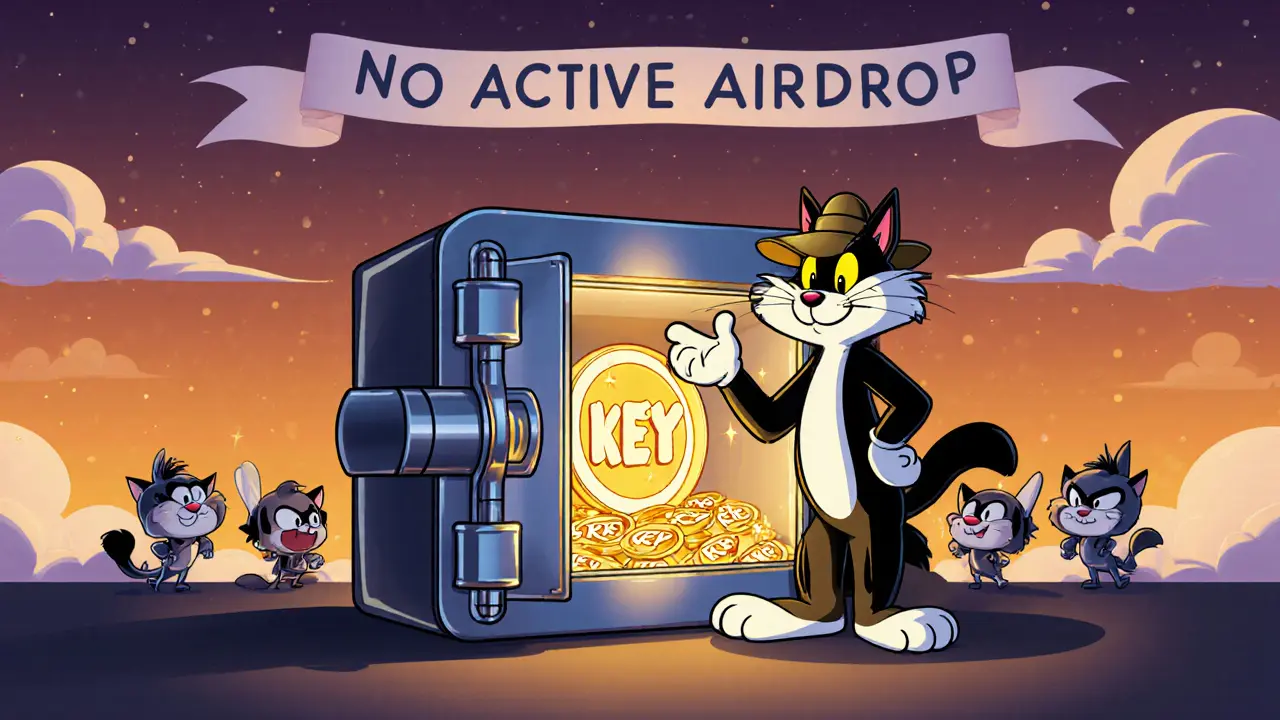 Cool cat storing a golden KEY token in a cartoon hardware wallet vault.