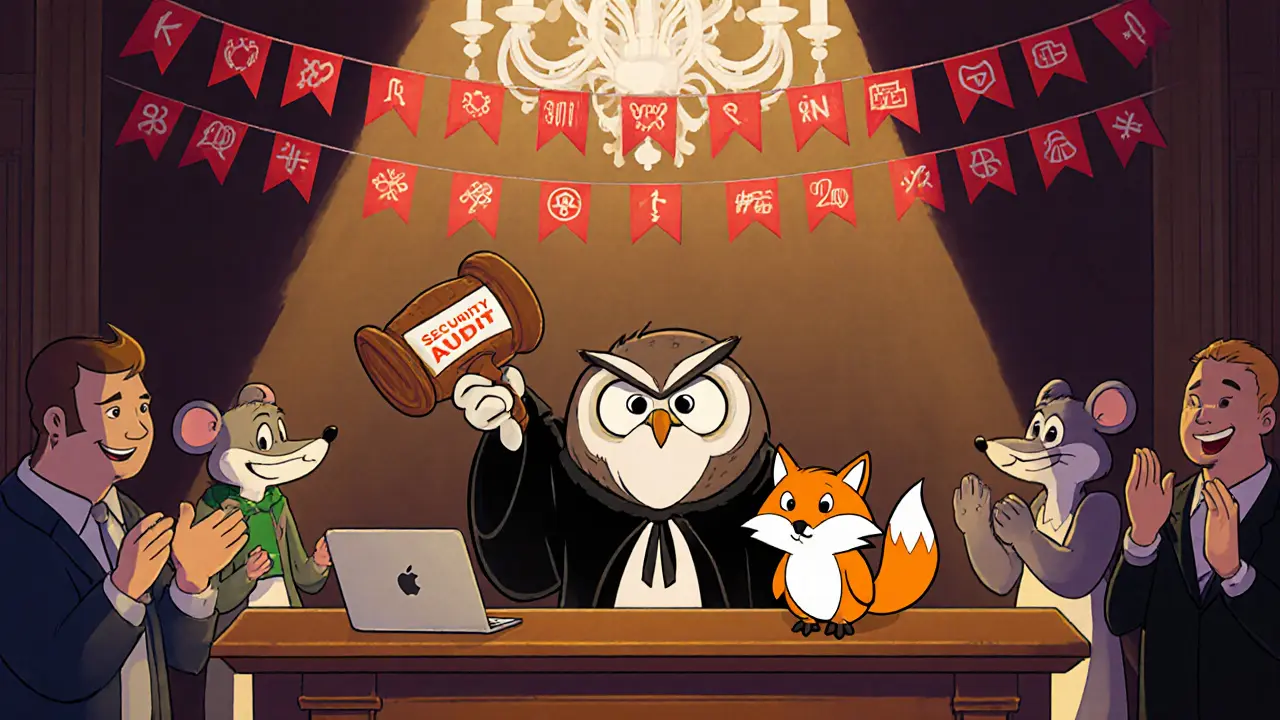 Courtroom scene with an owl judge, red flags, and a guilty fox mascot representing DYORSwap.