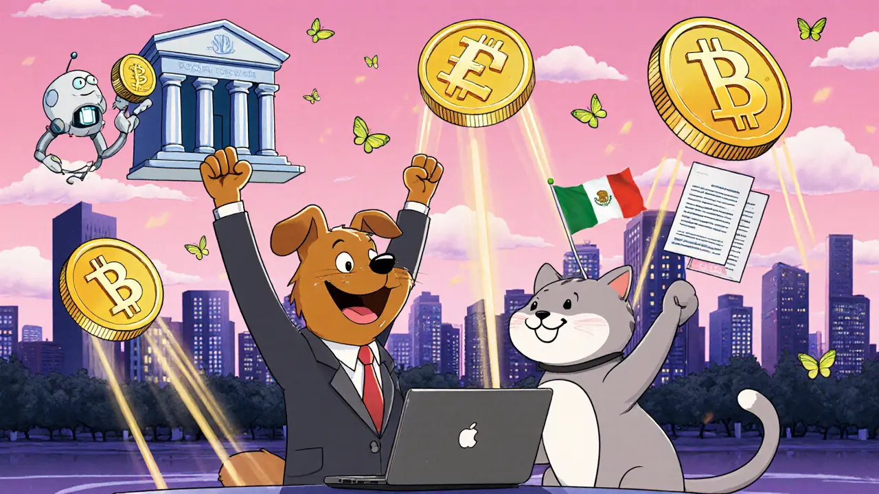 Dog and cat celebrate floating digital peso coins in a futuristic city skyline.