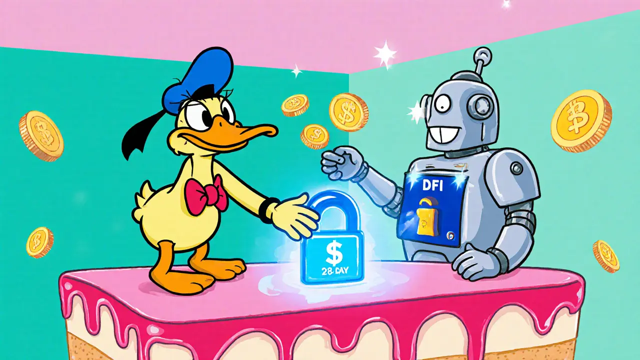 Duck at a cake-shaped bank counter handing over a  token.