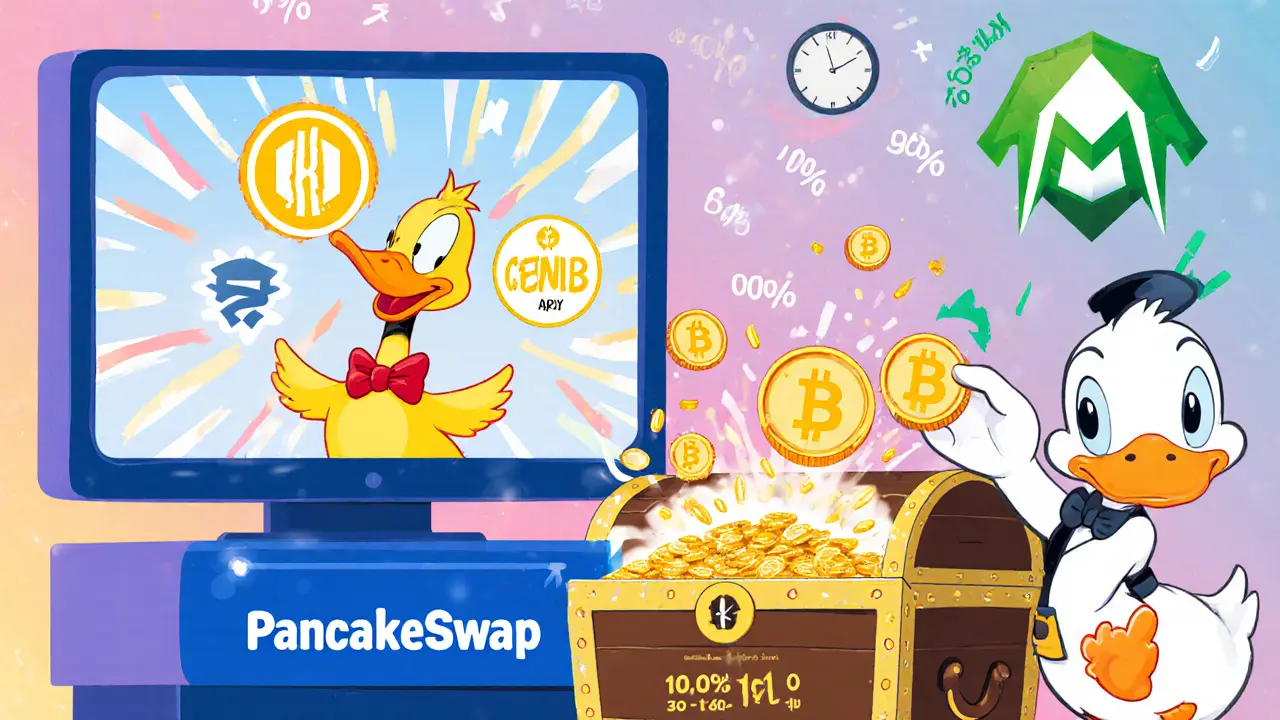 Duck trades BNB for CENX on PancakeSwap and stakes with 100% APY treasure chest.