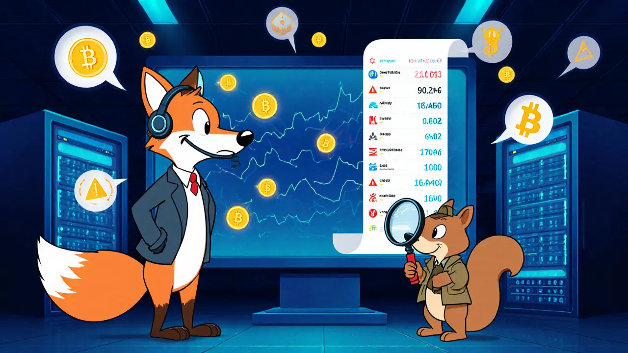 Fox Digital Agent monitors crypto flow on a big screen with a squirrel detective nearby.