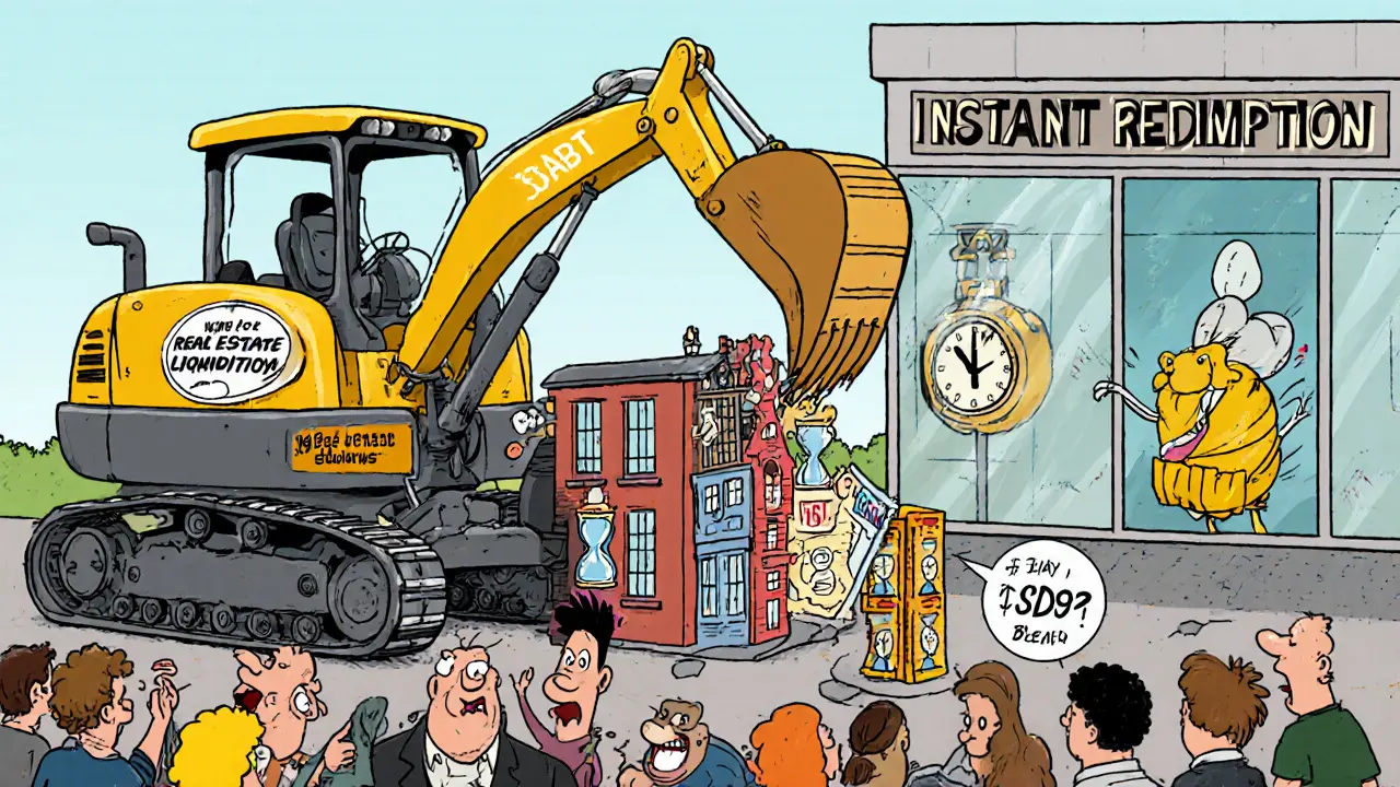 Looney Tunes-style bulldozer struggling to move UK buildings toward a cash register as frustrated investors wait.