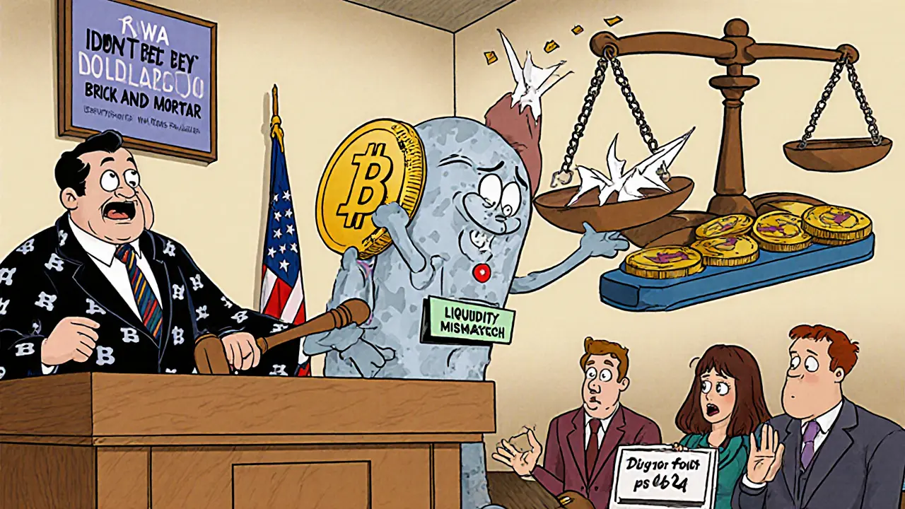 Looney Tunes-style courtroom where a warehouse is on trial for USDR&#039;s liquidity failure.
