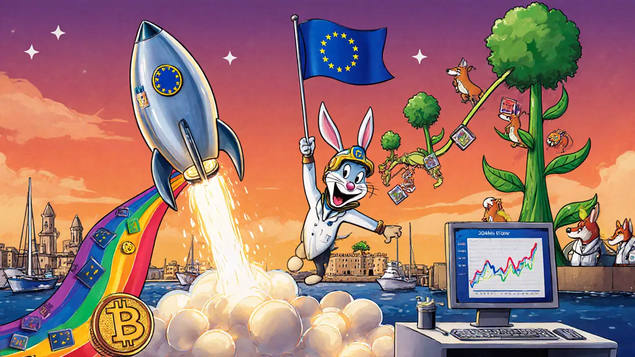Looney Tunes style crypto rocket launching from Malta with EU stars, passport stamps, and growth chart.