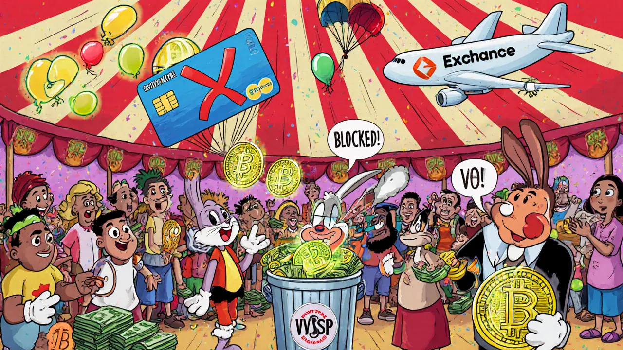 Market scene where people trade cash for glowing crypto tokens, blocked credit card in trash, plane overhead.