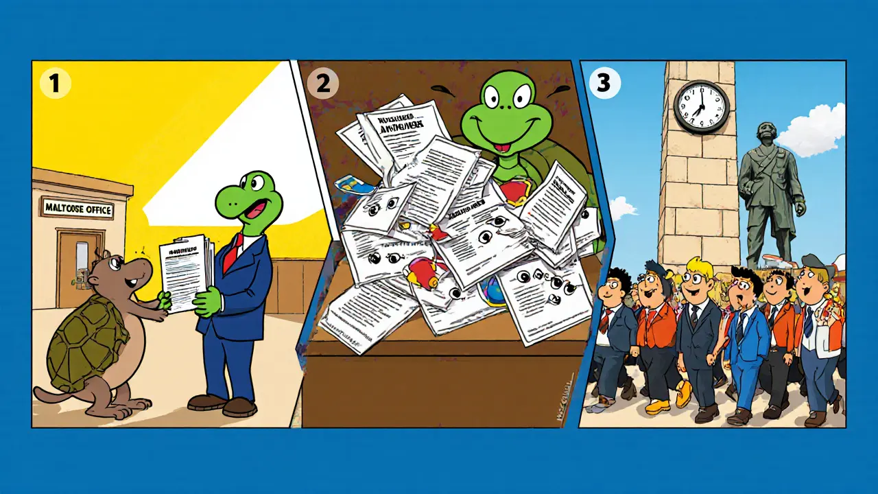 Multi‑panel cartoon showing agents, documents, and MFSA statue illustrating the licensing steps.