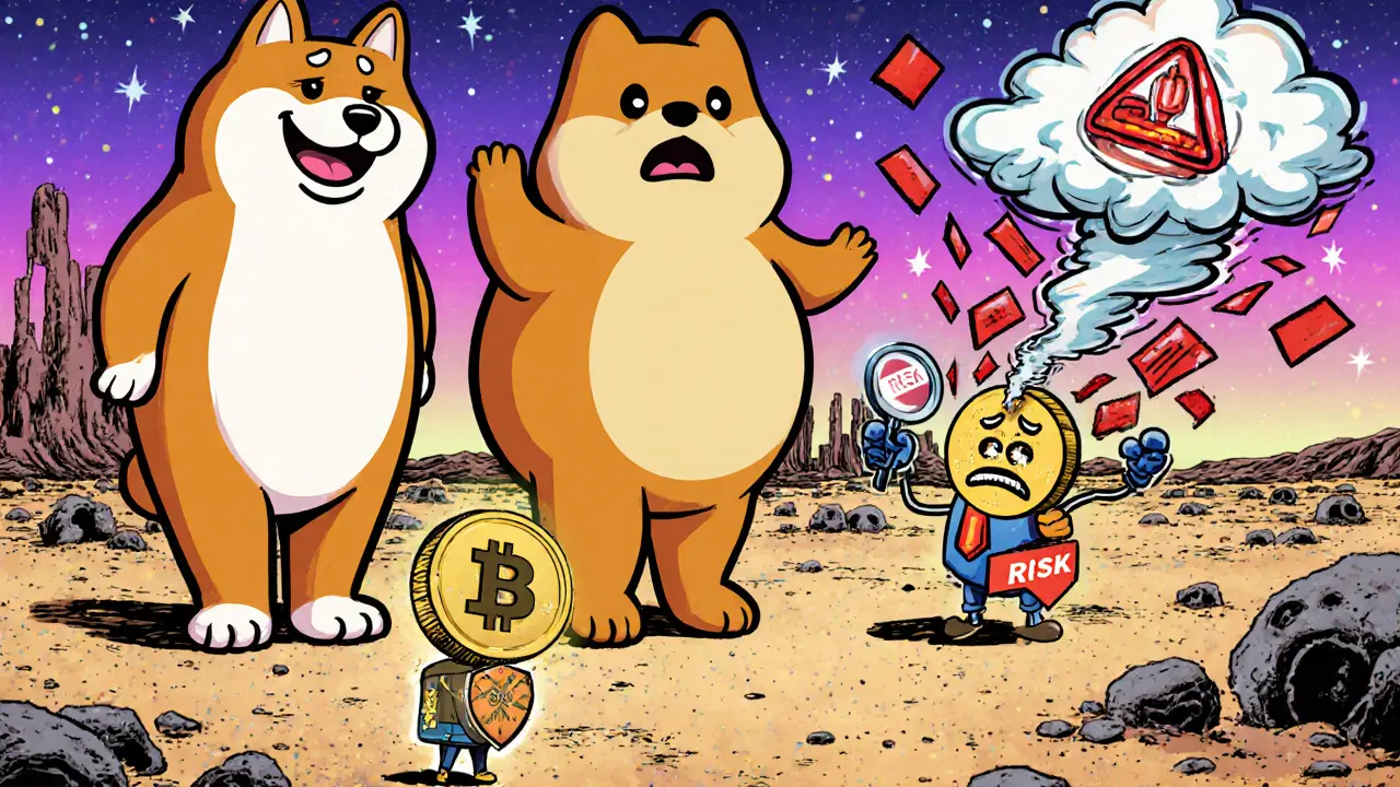 Nervous SpacePi pi‑coin shrinking beside confident Shiba Inu, Baby Doge, and Floki Inu characters under warning signs.