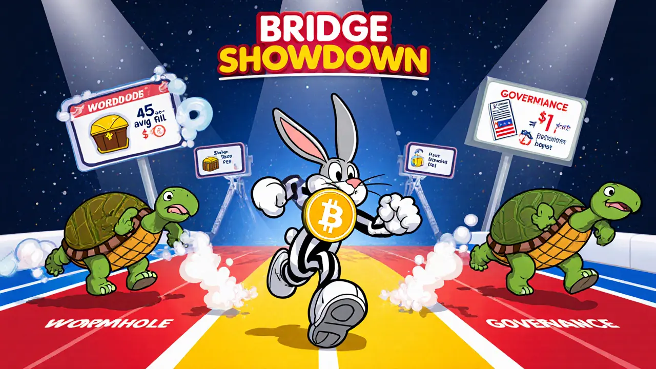 Racing cartoon comparing ACX token mascot beating slower bridge competitors on a track.