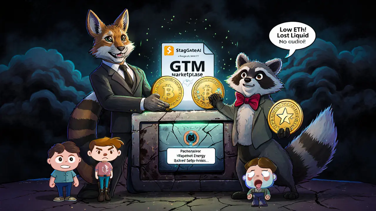 Shady cartoon fox and raccoon promoting GTM token and Stargate Coin amid broken code and low‑liquidity warnings.