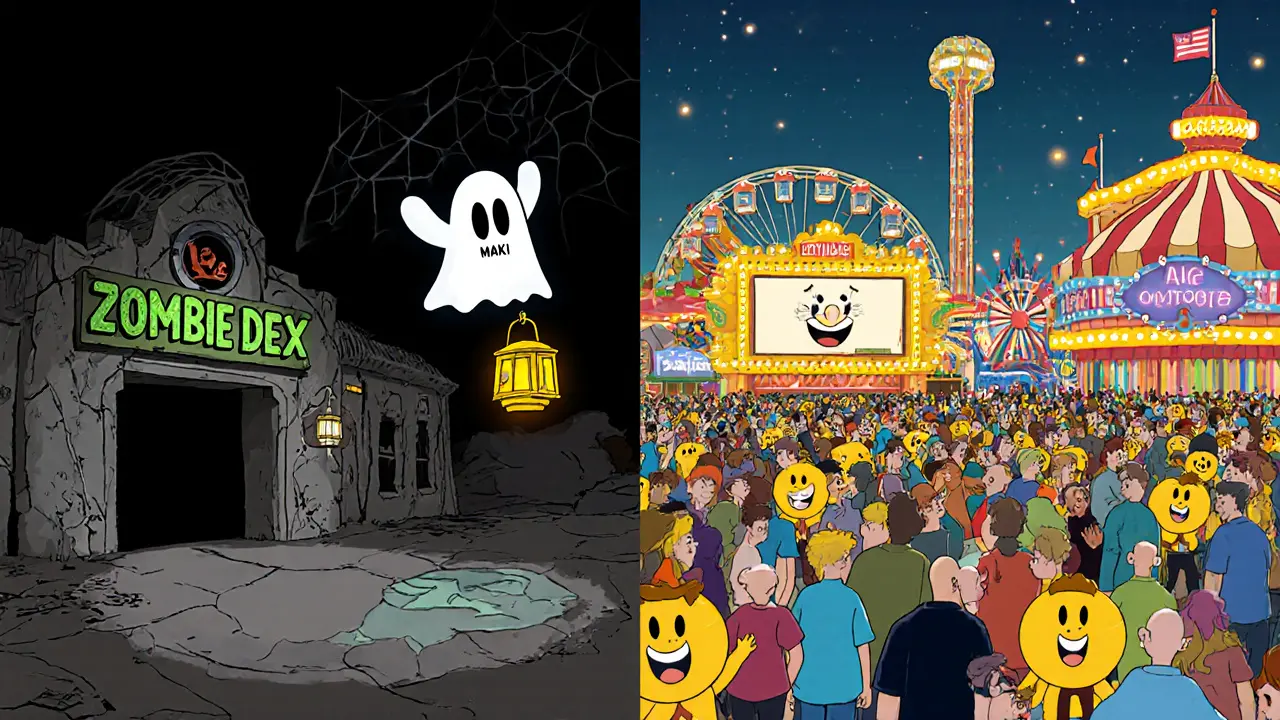 Spooky empty DEX contrasted with a bright, busy rival exchange.